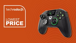 A black and green controller on an orange background
