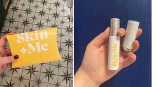 Two shots of the Skin + Me packaging - including the yellow, slim box it arrives in, and the serum twist tube