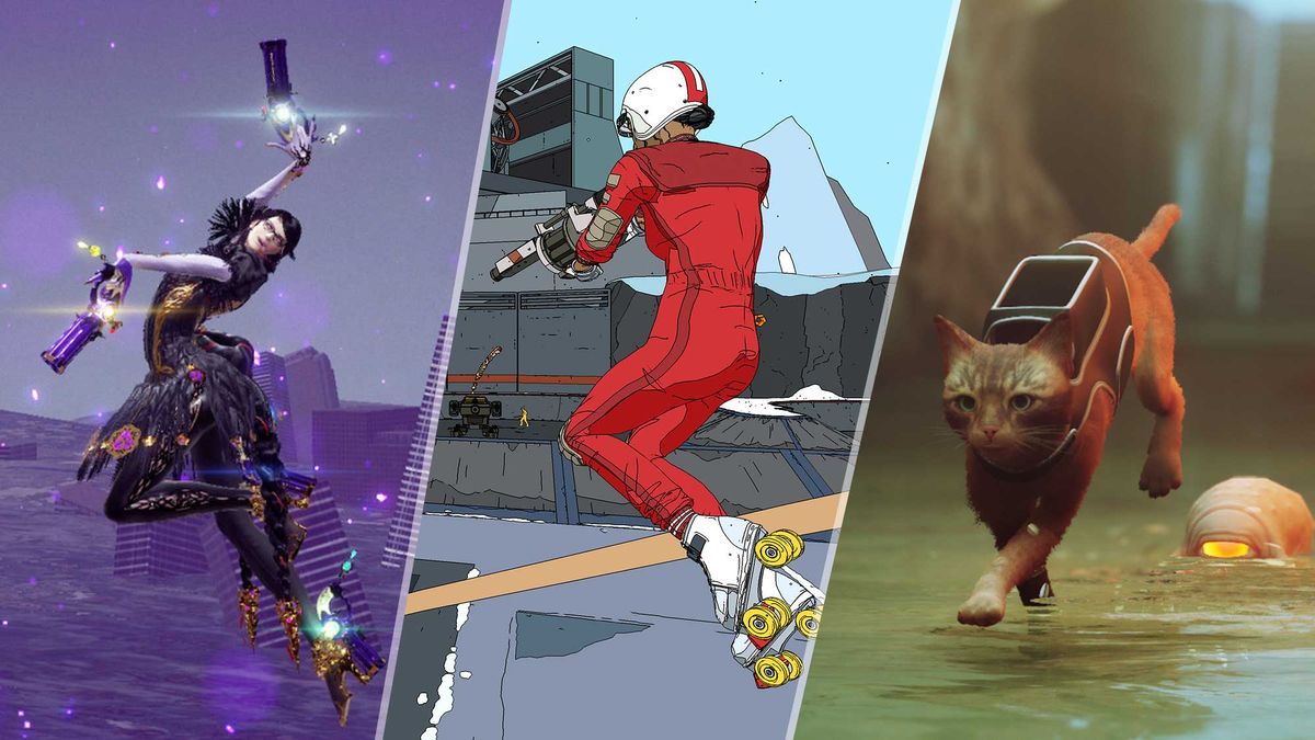 The title character in Bayonetta 3, a flying rollerskater holding a gun in Rollerdrome, and a running cat in Stray