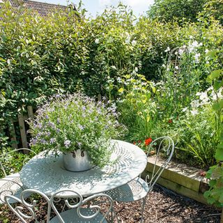 garden with green plants and round white table with chairs