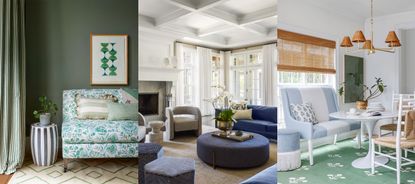 Three examples of repetition in interior design. Green living room, large living room with blue sofa and gray chairs. Light and bright dining room with blue sofa, white dining table, green rug, rattan accents