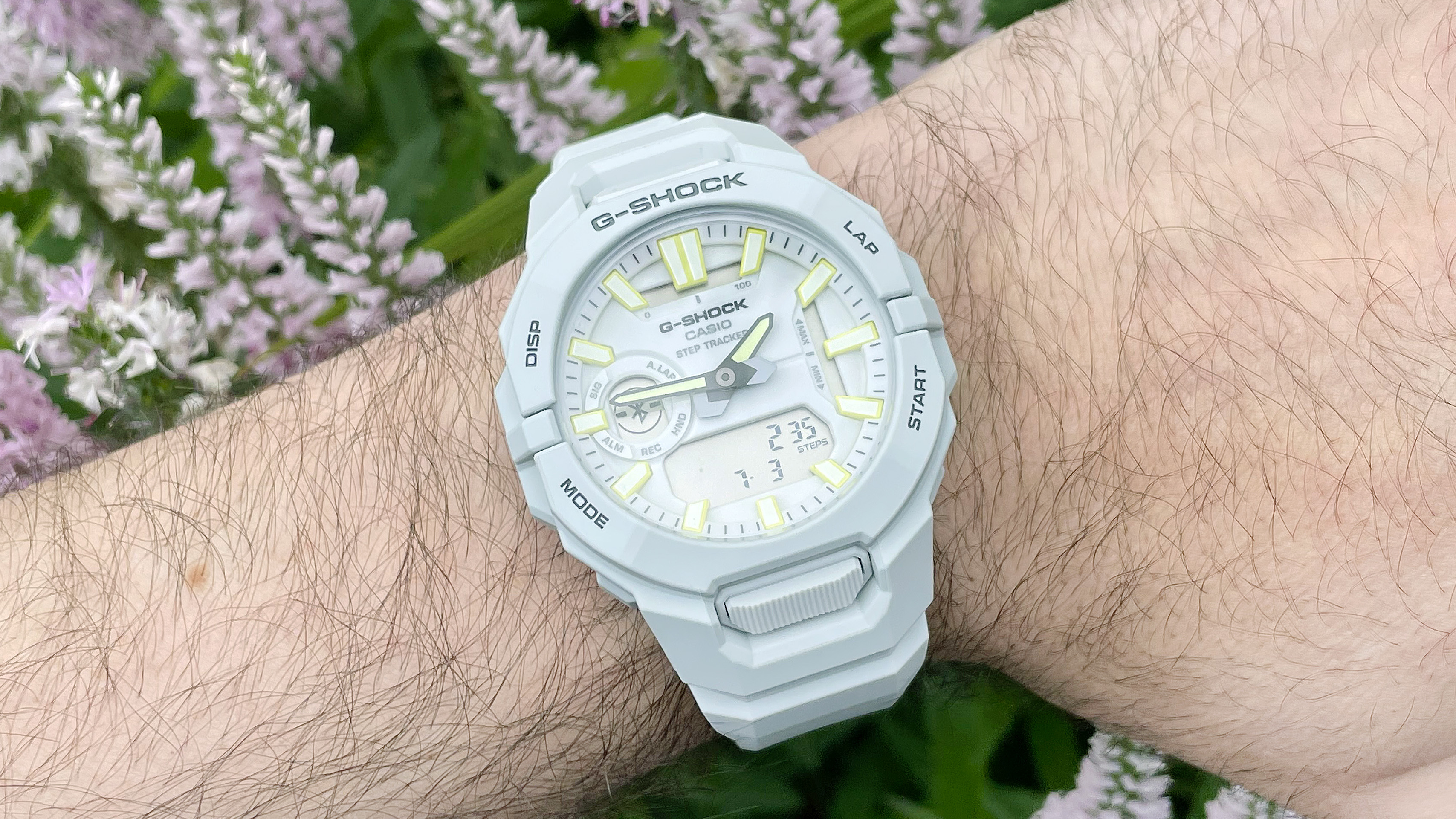 Close-up of the Casio G-Shock Move GBA950 fitness-tracking smartwatch on the writer's wrist