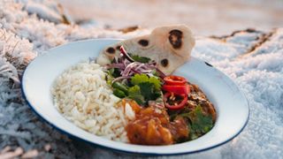 Chickpea curry with rice and nan bread