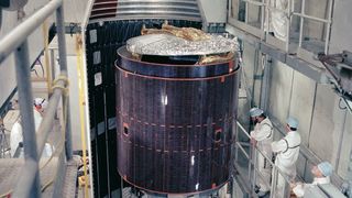 The Indonesian Palapa-2B satellite is seen being prepared for launch atop a Delta 2 rocket in Cape Canaveral Air Force Station, Florida. Liftoff occurred on March 20, 1987.