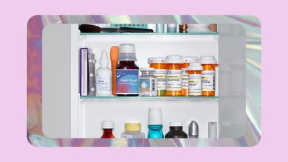 Medicine cabinet on purple shiny background
