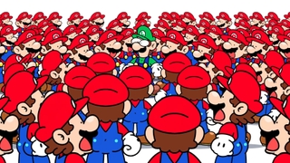 A lot of Marios surround a Luigi