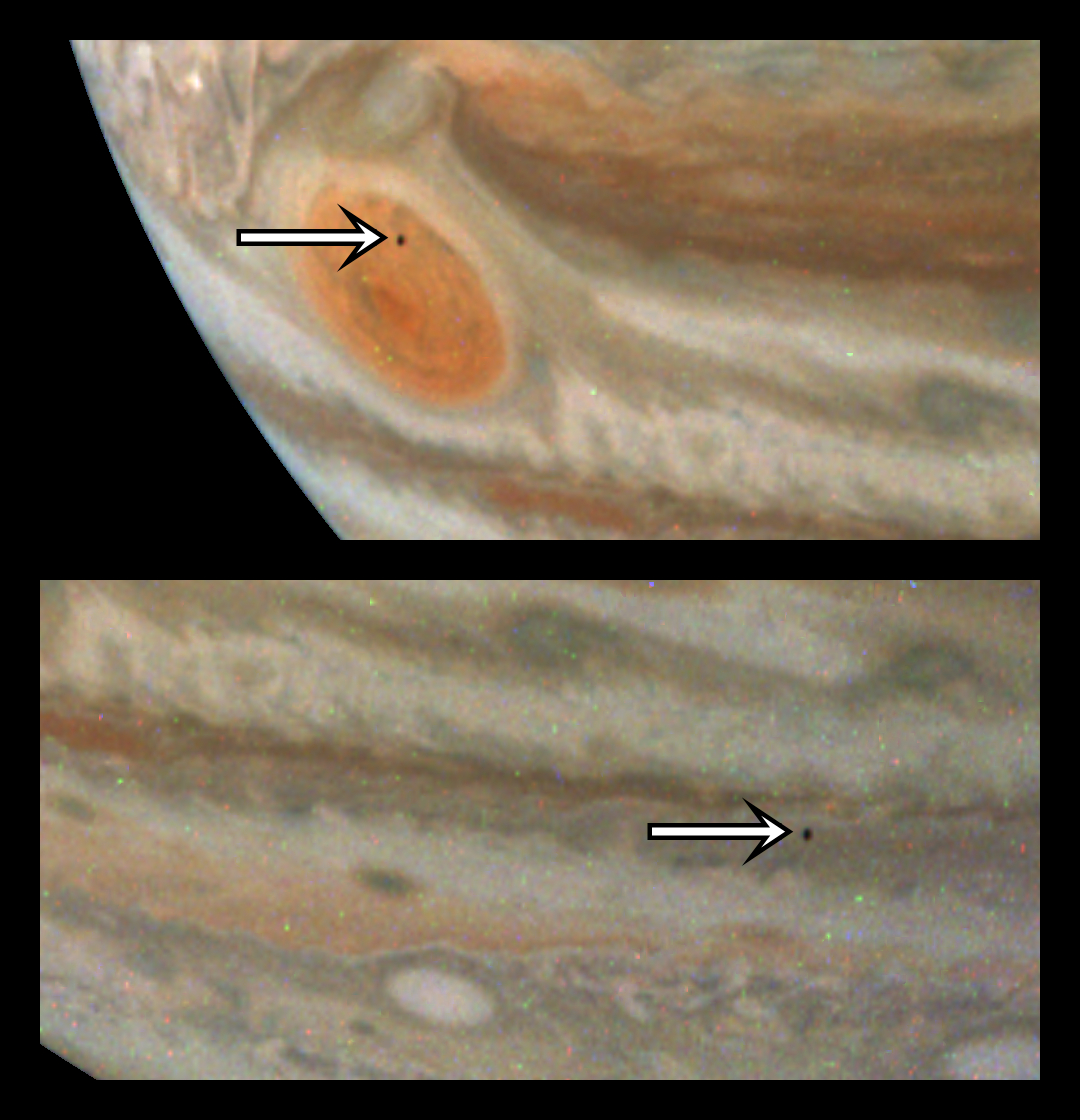 Two sections show the close-up of a gas giant is striped with tans, browns, and some faint orange. A white arrow points to a small dark dot, the shadow of a moon.