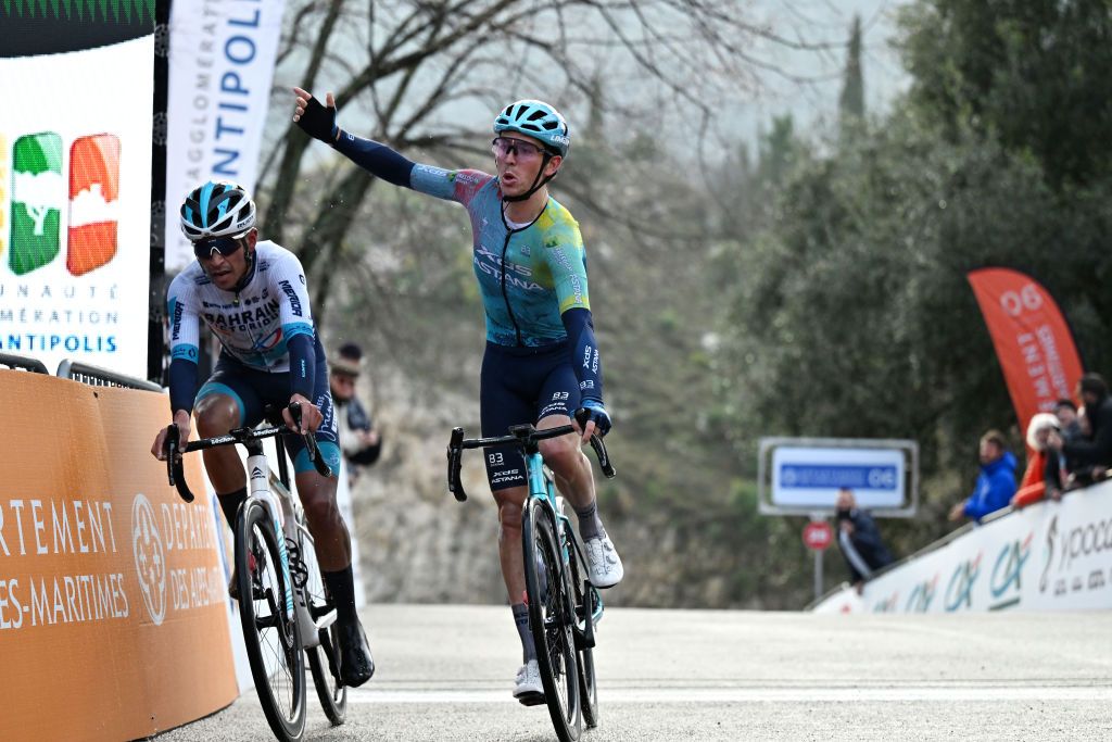 Christian Scaroni is XDS Astana&#039;s top points scorer over the first two months of 2025, show here winning stage 1 win at Tour des Alpes Maritimes et du Var