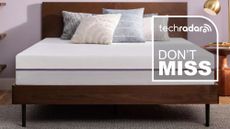 The Purple mattress on a bed with a graphic overlaid saying "DON'T MISS"