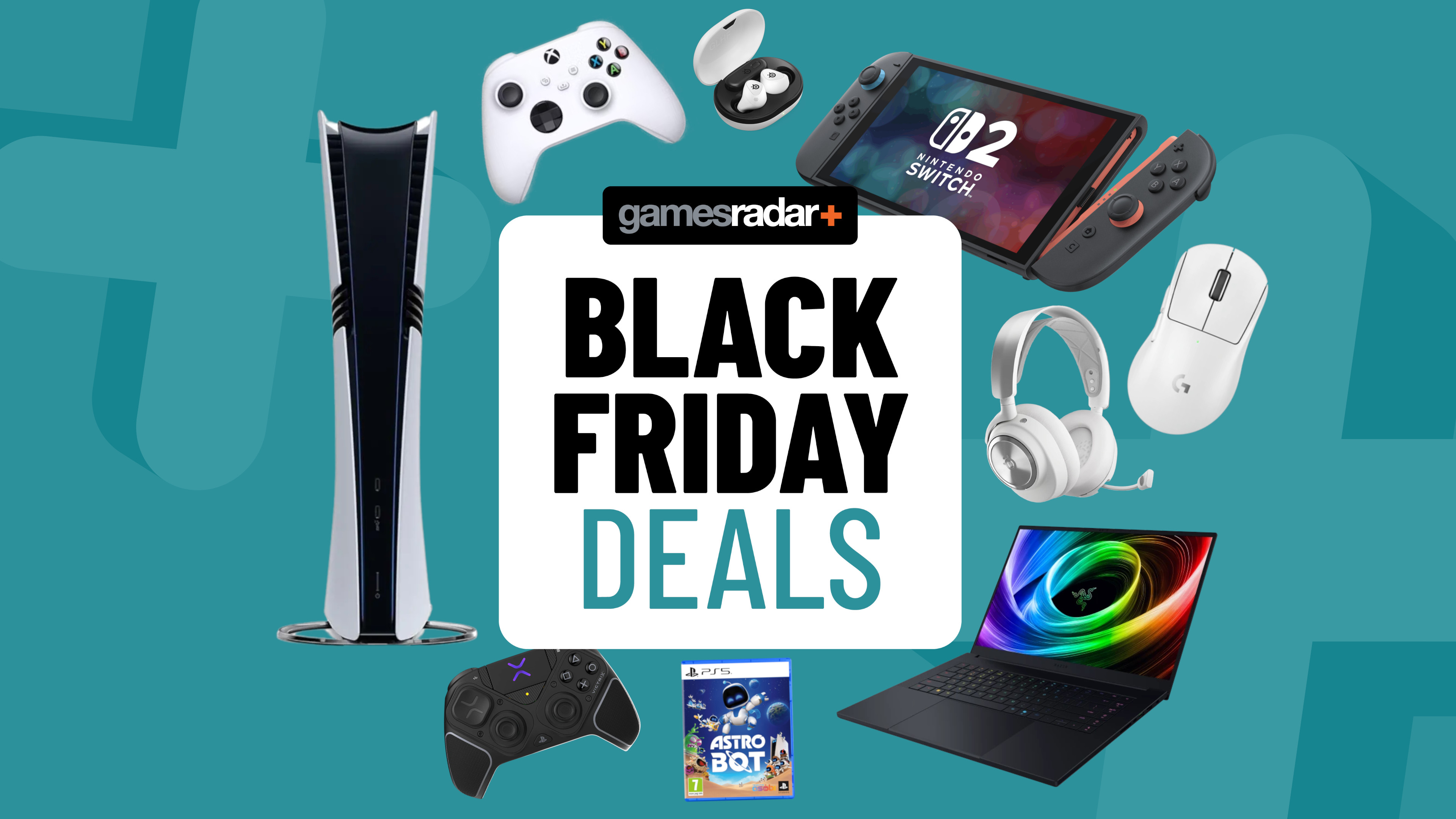 PS5, Nintendo Switch, gaming PC and Xbox accessories on a light blue background with Black Friday deals badge
