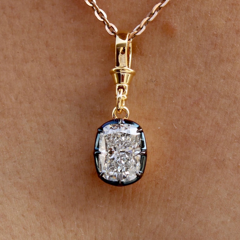 Georgian Style Cut Down Button Back Diamond Pendant, Igi Lab Grown Diamond Blackened Gold Pendant, Rectangular Moissanite Pendant Necklace