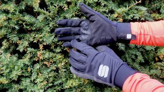 Off-road cycling gloves in front of a hedge