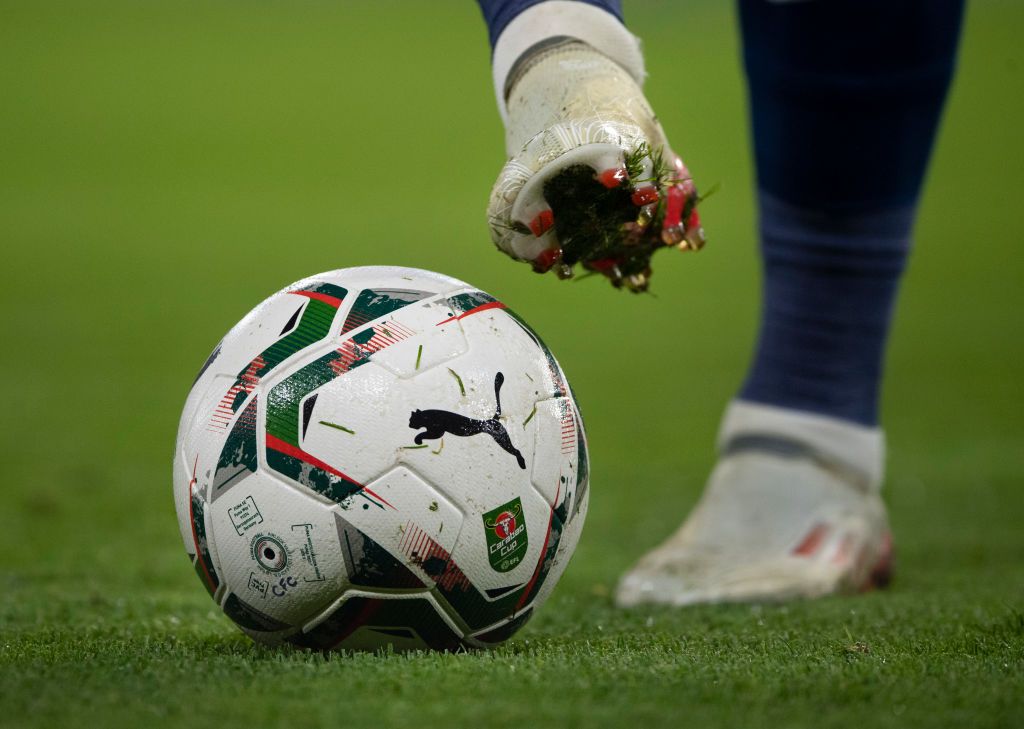 The official Puma Carabao Cup match ball during the Carabao Cup Semi Final First Leg match between Chelsea and Tottenham Hotspur at Stamford Bridge on January 5, 2022 in London, England.