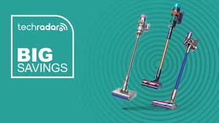 Dyson vacuums on a cyan background