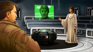 Star Wars: Dark Forces Remaster screenshot - Mon Mothma and Kyle Katarn talking to some guy on a video screen