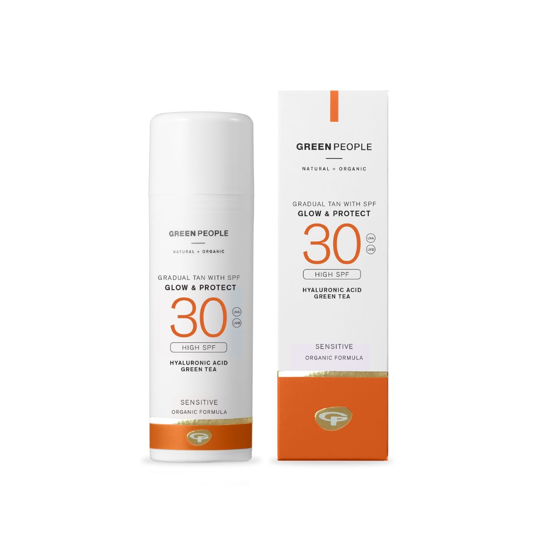 Self-tan with SPF packshot of green people glow & protect
