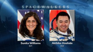 This NASA graphic shows the two astronauts who will perform a 6.5-hour spacewalk on Nov. 1, 2012. They are: NASA astronaut Sunita Williams, and Akihiko Hoshide, an astronaut with the Japan Aerospace Exploration Agency (JAXA).