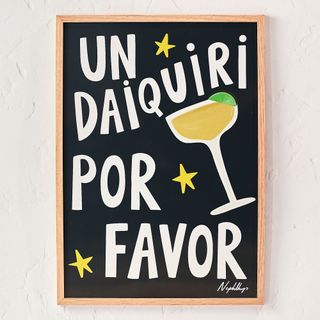 Artwork with 'Un Daiquiri por favor' and cocktail illustration