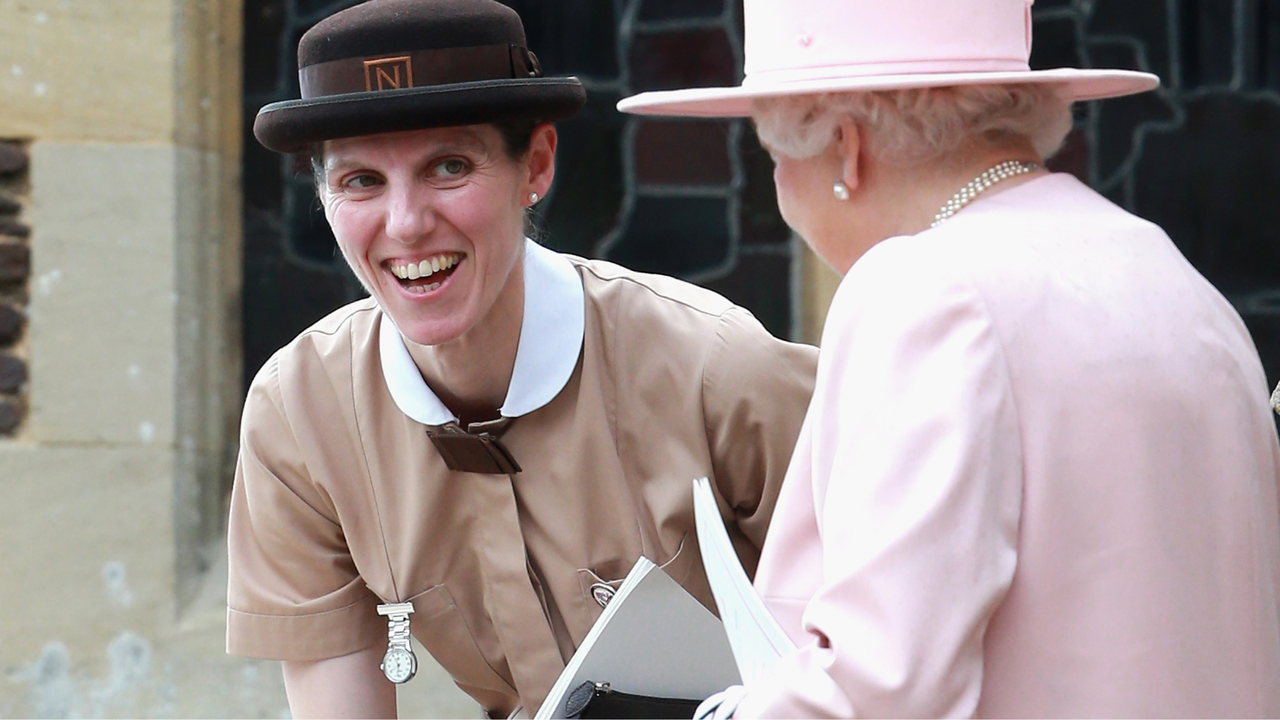 Prince George&#039;s nanny, Maria Teresa Turrion Borrallo (in her Norland Nanny Uniform) talks to Queen Elizabeth II as they leave the Church of St Mary Magdalene on the Sandringham Estate for the Christening of Princess Charlotte of Cambridge on July 5, 2015 in King&#039;s Lynn, England.