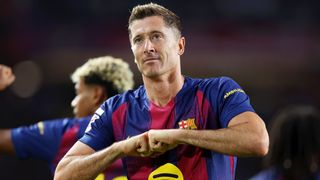 Robert Lewandowski of FC Barcelona celebrates scoring his team's second goal during the LaLiga EA Sports match between FC Barcelona and Real Sociedad at Estadi Olimpic Lluis Companys on September 28, 2025 in Barcelona, Spain. 