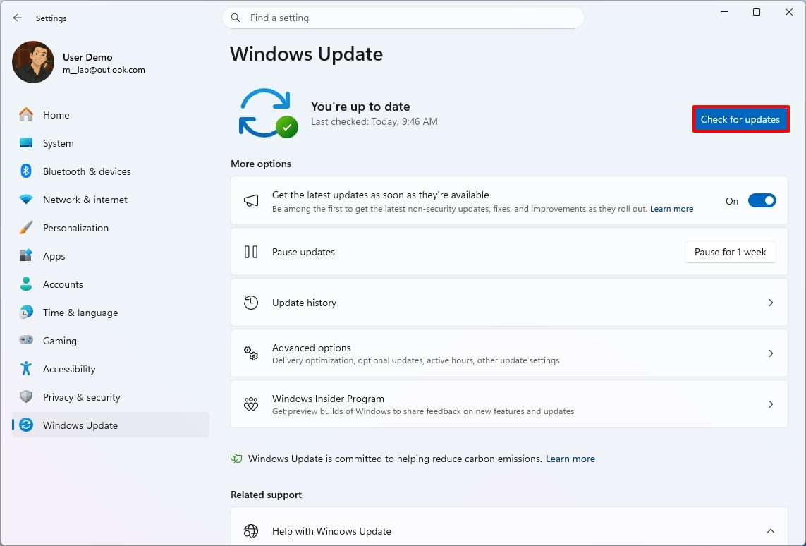 Windows Update settings with Check for updates button highlighted.