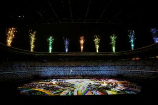Fireworks explode over the stadium during the opening ceremony of the Tokyo 2020 Paralympic Games
