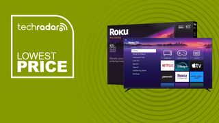 The Roku Pro Series 65-inch QLED TV on a green background with text saying Lowest Price.