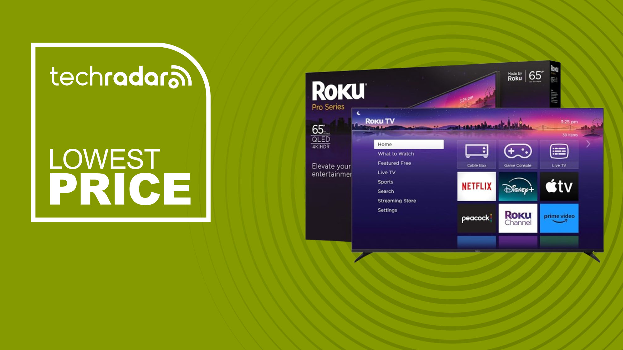 The Roku Pro Series 65-inch QLED TV on a green background with text saying Lowest Price.