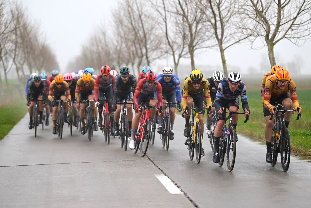 DE PANNE BELGIUM MARCH 22 LR Tim Van Dijke of The Netherlands and Team JumboVisma Yves Lampaert of Belgium and Team Soudal Quick Step and Erik Nordster Resell of Norway and UnoX Pro Cycling Team compete in the breakaway during the 47th Minerva Classic Brugge De Panne 2023 a 211km one day race from Brugge to De Panne on March 22 2023 in De Panne Belgium Photo by Luc ClaessenGetty Images