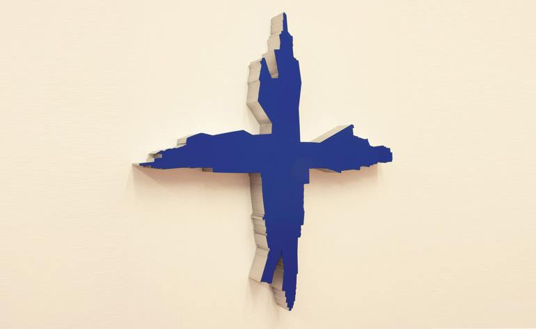 The negative skyspace in a New York cityscape inspired 'Channel/New York', 2013, in powder-coated aluminium