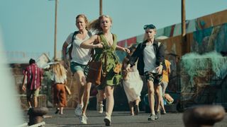 (L to R) Ingrid Bolsø Berdal as Jennifer, Alma Günther as Sara and Bernard Storm Lager as Tobias running in La Palma.