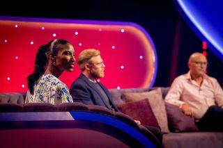 Denise Lewis with Rob Beckett and Gregg Wallace in 'TV Showdown'.