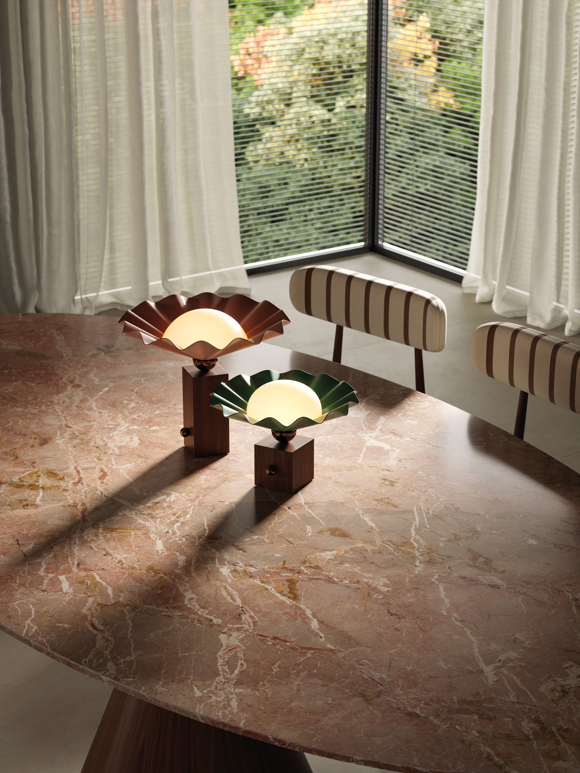 pink stone used for an oval dining table