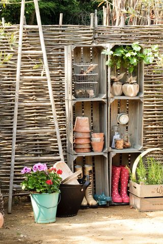 crates as shelving for budget patio ideas