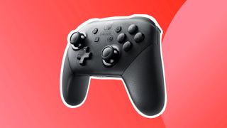A product shot of the Nintendo Switch Pro controller on a colourful background