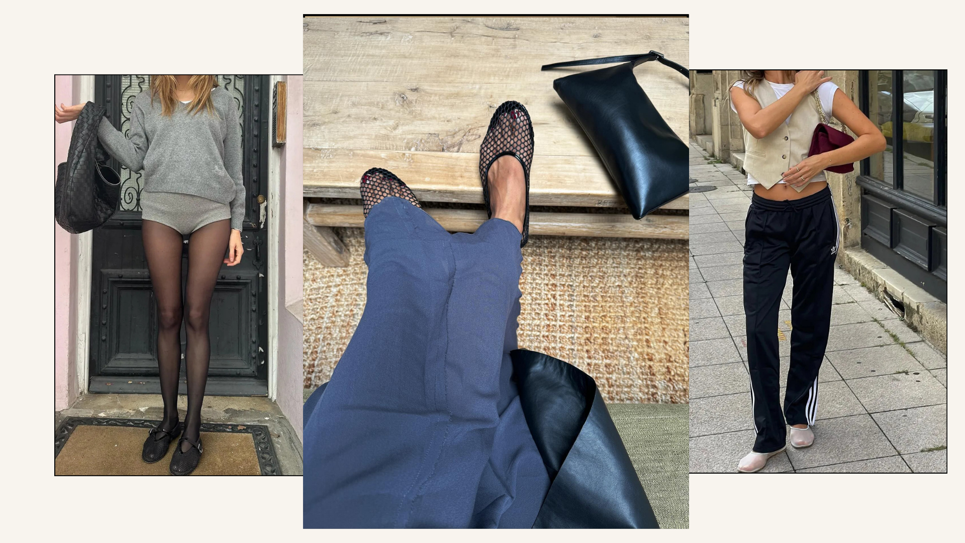 Three influencers in mango ballet flat mesh shoes.