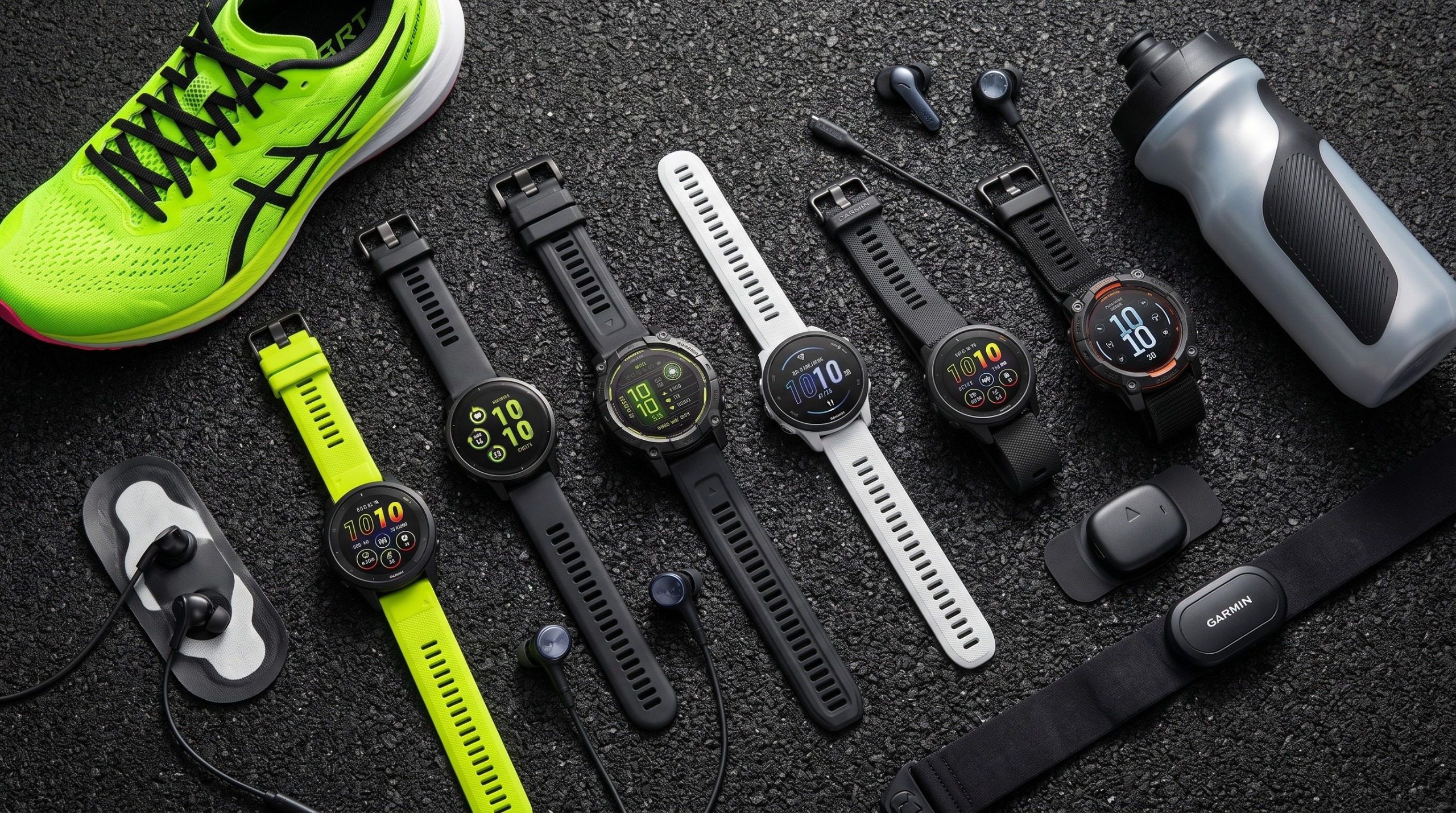 A collage featuring eight Garmin smartwatches lying on a black mat next to some earbuds, trainers and a water bottle.