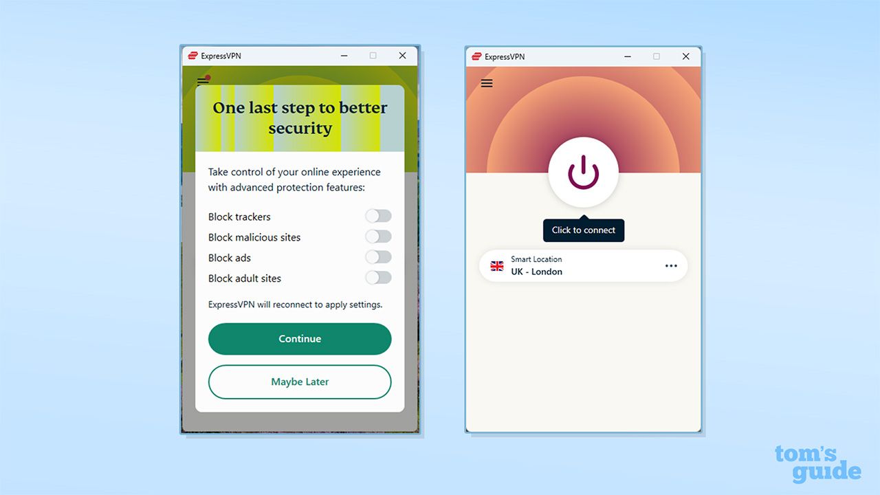 Two screenshots displaying ExpressVPN upon startup on Windows.