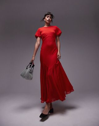 Topshop Puff Sleeve Volume Hem Maxi Dress in Red