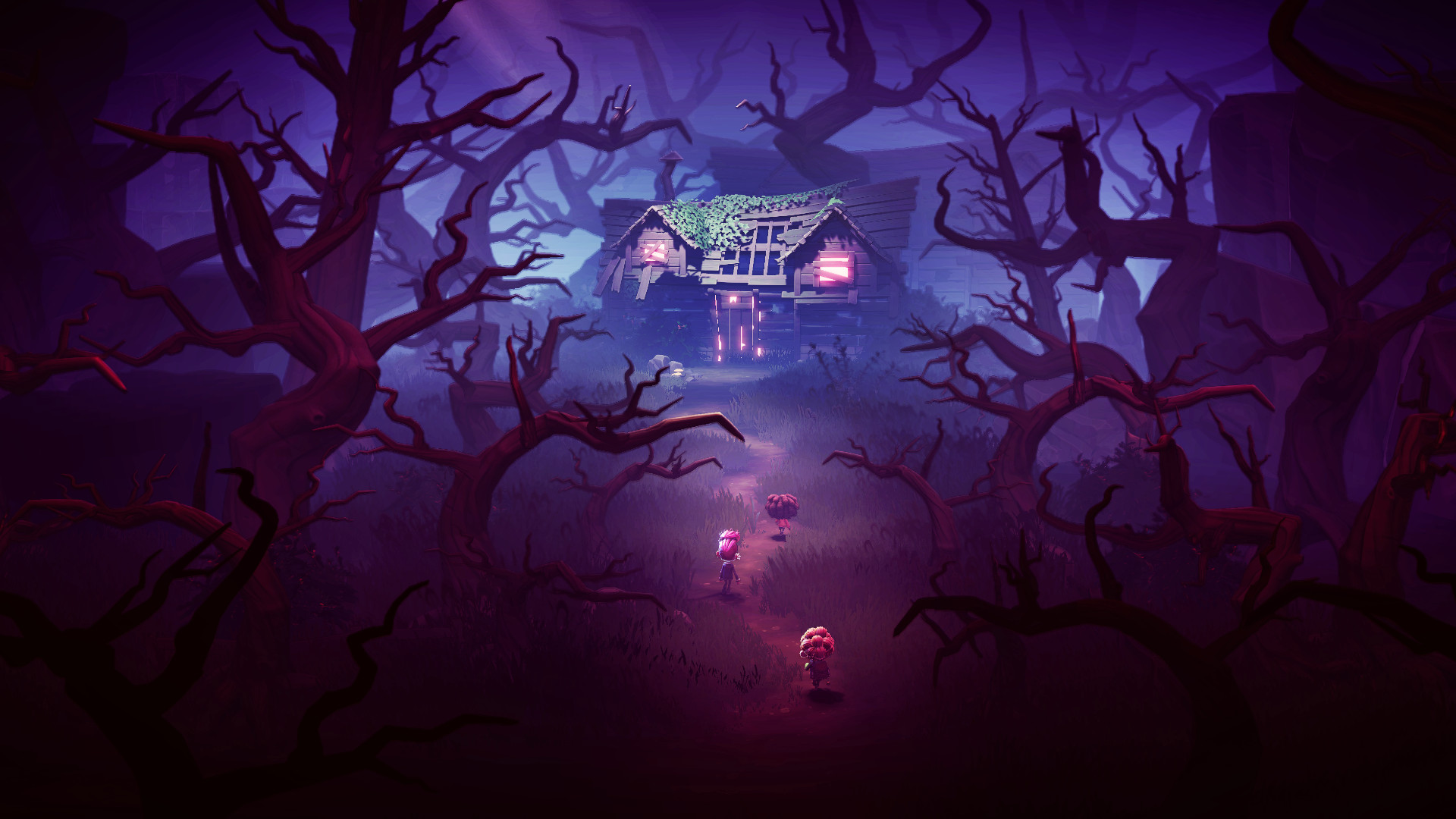 A screenshot of three kids running towards a spooky house at night in the upcoming co-op game, Stage Fright.