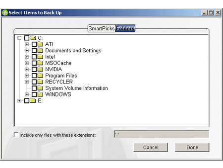The alternative selection method for backup files is by browsing individual folders.