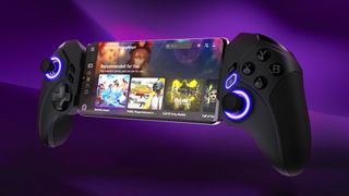ELO Vagabond graphic image with purple background and the controller holding a phone and showing a gaming library