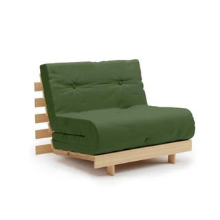 Green futon chair bed with wooden base