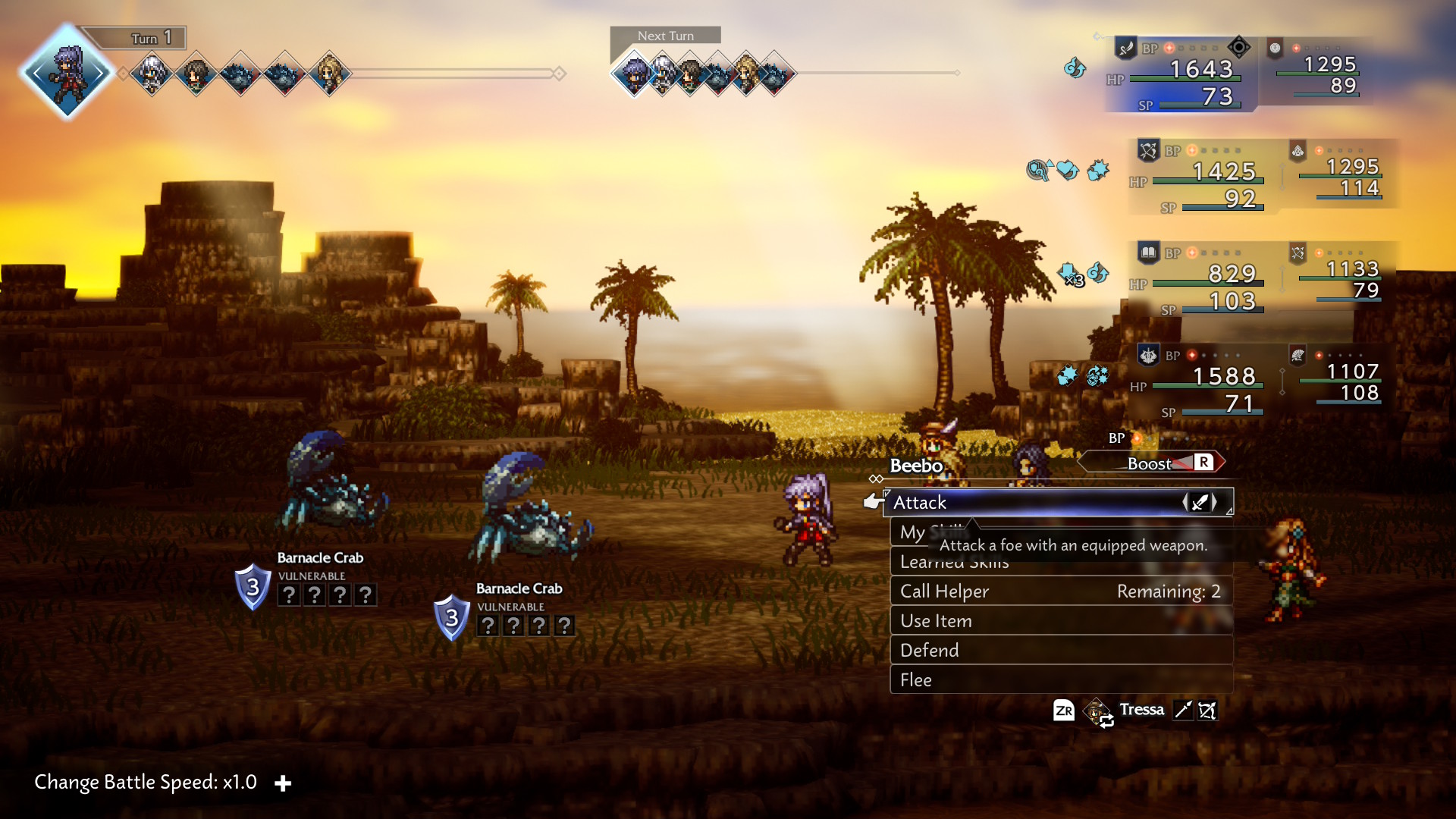 Octopath Traveler 0 battle against crabs on a beach