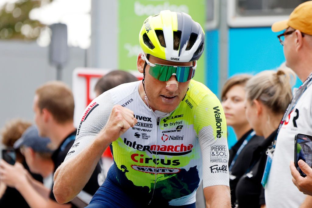 GERAARDSBERGEN BELGIUM AUGUST 25 Mike Teunissen of The Netherlands and Team IntermarchCircusWanty celebrates at finish line as stage winner during the 19th Renewi Tour 2023 Stage 3 a 1712km stage from Aalter to Geraardsbergen UCIWT on August 25 2023 in Geraardsbergen Belgium Photo by Bas CzerwinskiGetty Images