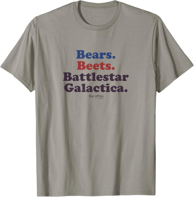 Bears. Beets. Battlestar Galactica text on a gray t-shirt