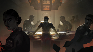 People standing around a table in a dimly lit room