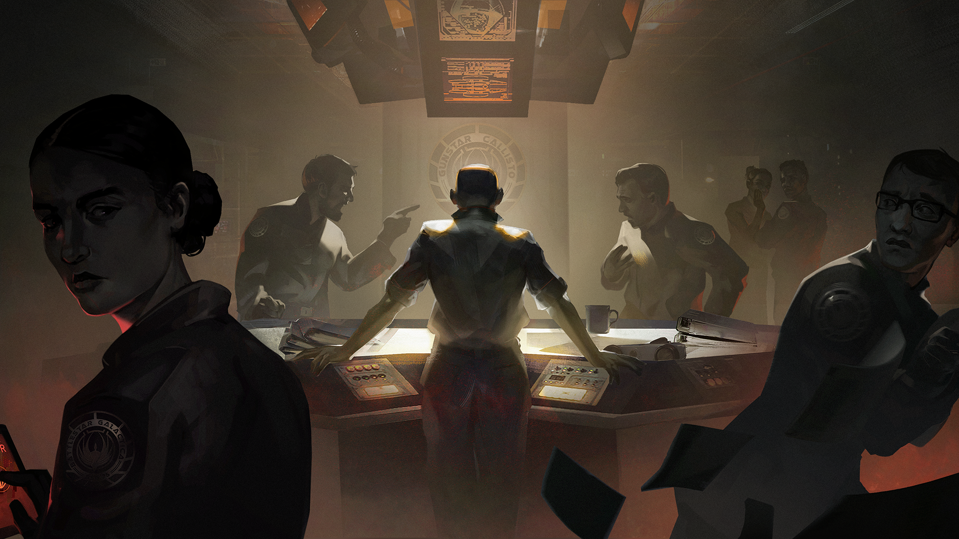 People standing around a table in a dimly lit room