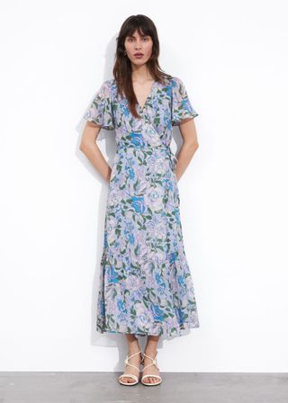 Flutter Sleeve Wrap Midi Dress