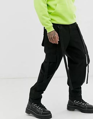 ASOS DESIGN cargo trousers in black with strapping